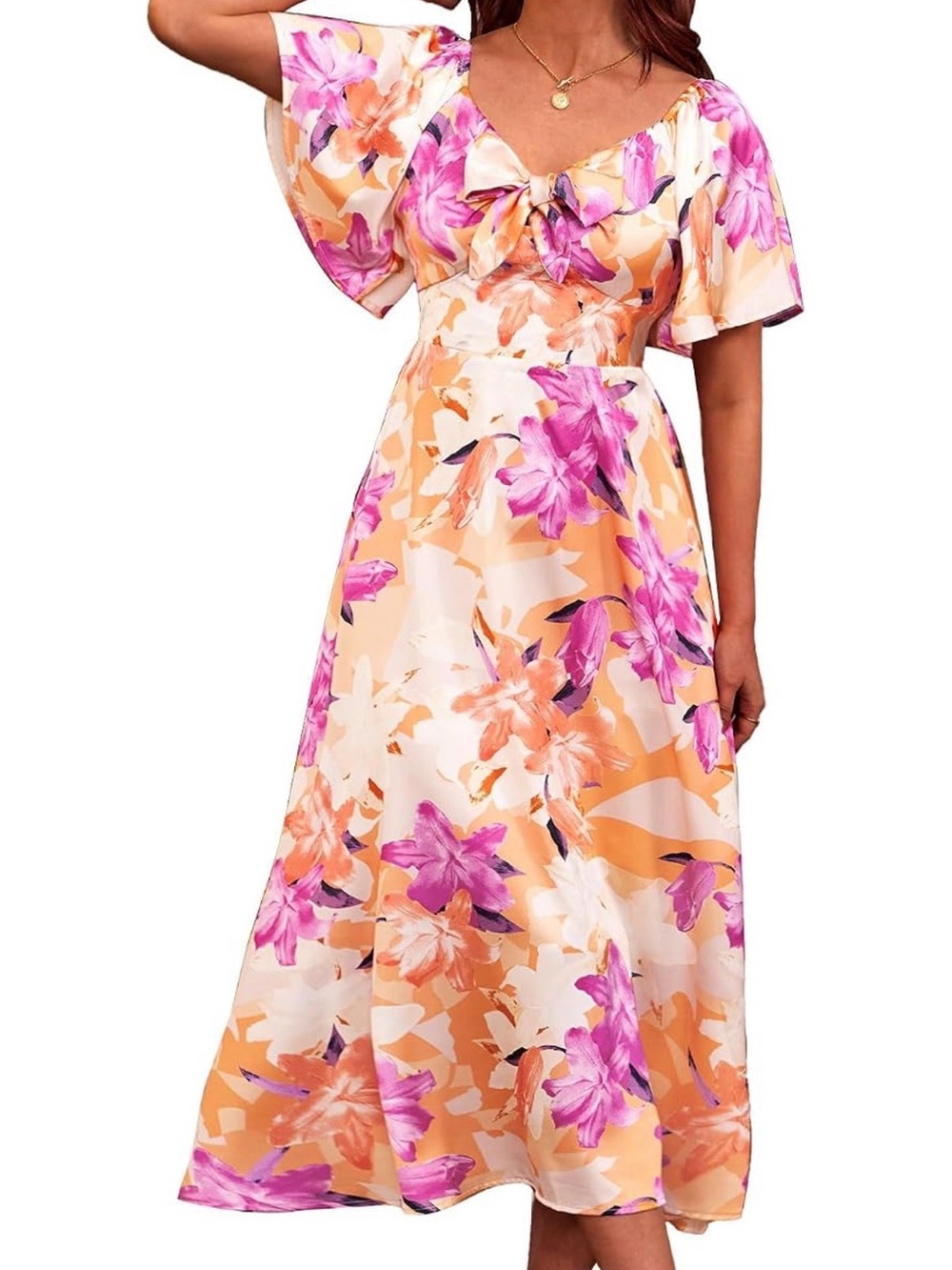 Floral Tie-Front Maxi Dress in Orange & Pink